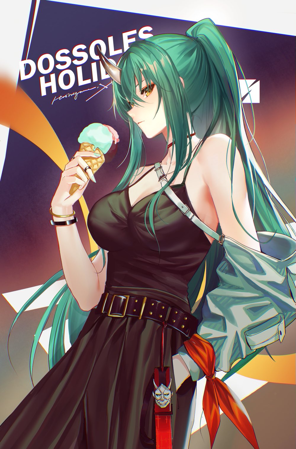1girl arknights arm_up black_dress bracelet breasts cleavage commentary cowboy_shot dress english_text eyeshadow food gradient_background green_hair hannya highres holding holding_food horns hoshiguma_(arknights) ice_cream_cone jacket jewelry kernel_killer keychain large_breasts long_hair looking_at_viewer makeup multicolored_background necklace off-shoulder_jacket off_shoulder ponytail red_eyeshadow sidelocks simple_background single_horn solo strapless strapless_dress white_jacket yellow_eyes
