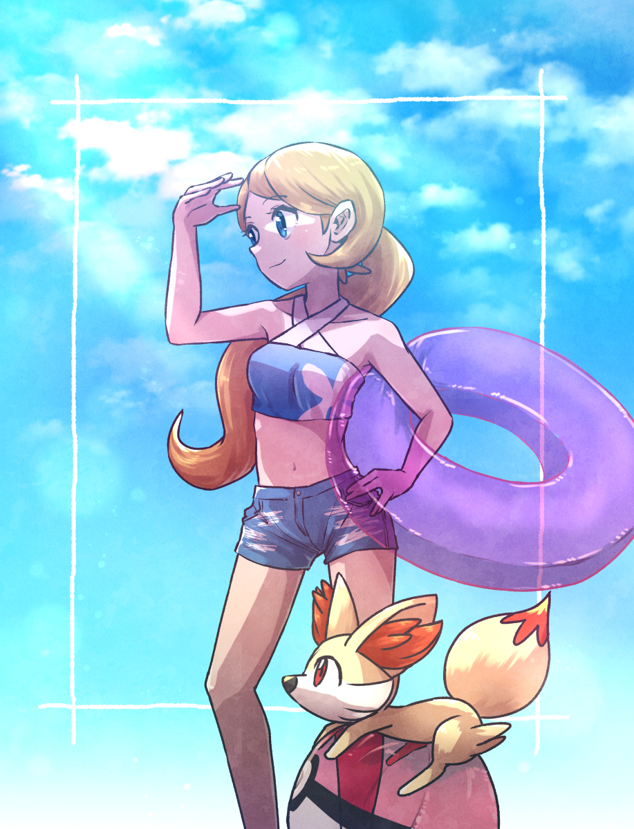 1girl ball bare_shoulders beachball blonde_hair blue_eyes blue_shorts blue_sky closed_mouth criss-cross_halter crop_top fennekin halterneck highres holding holding_innertube innertube kotobukkii_(yt_lvlv) long_hair midriff navel pokemon pokemon_(creature) pokemon_(game) pokemon_xy ponytail purple_innertube serena_(pokemon) short_shorts shorts sky smile