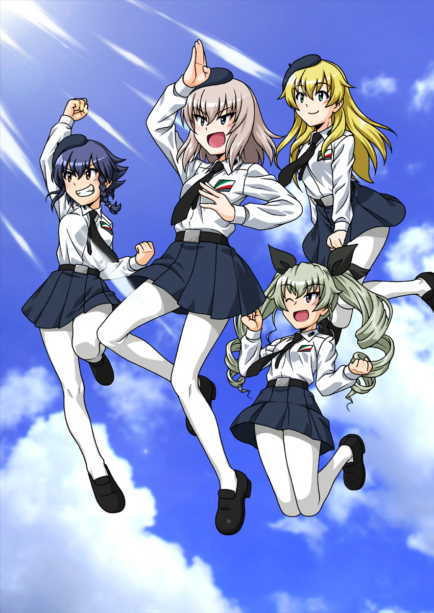 4girls alternate_costume anchovy_(girls_und_panzer) anzio_school_uniform arm_up belt beret black_belt black_footwear black_hair black_headwear black_necktie black_ribbon black_skirt blonde_hair blue_eyes blue_sky braid brown_eyes carpaccio_(girls_und_panzer) clenched_hands closed_mouth cloud cloudy_sky commentary day dress_shirt drill_hair emblem girls_und_panzer green_eyes green_hair grey_hair grin hair_ribbon hair_tie hat highres itsumi_erika kirara_jump leg_up legs_up loafers long_hair long_sleeves looking_to_the_side medium_hair miniskirt multiple_girls necktie no_cape one_eye_closed oosaka_kanagawa open_mouth outdoors pantyhose pepperoni_(girls_und_panzer) pleated_skirt raised_fist red_eyes ribbon school_uniform shirt shoes short_hair side_braid skirt skirt_tug sky smile sunlight tilted_headwear twin_drills twintails white_pantyhose white_shirt wing_collar