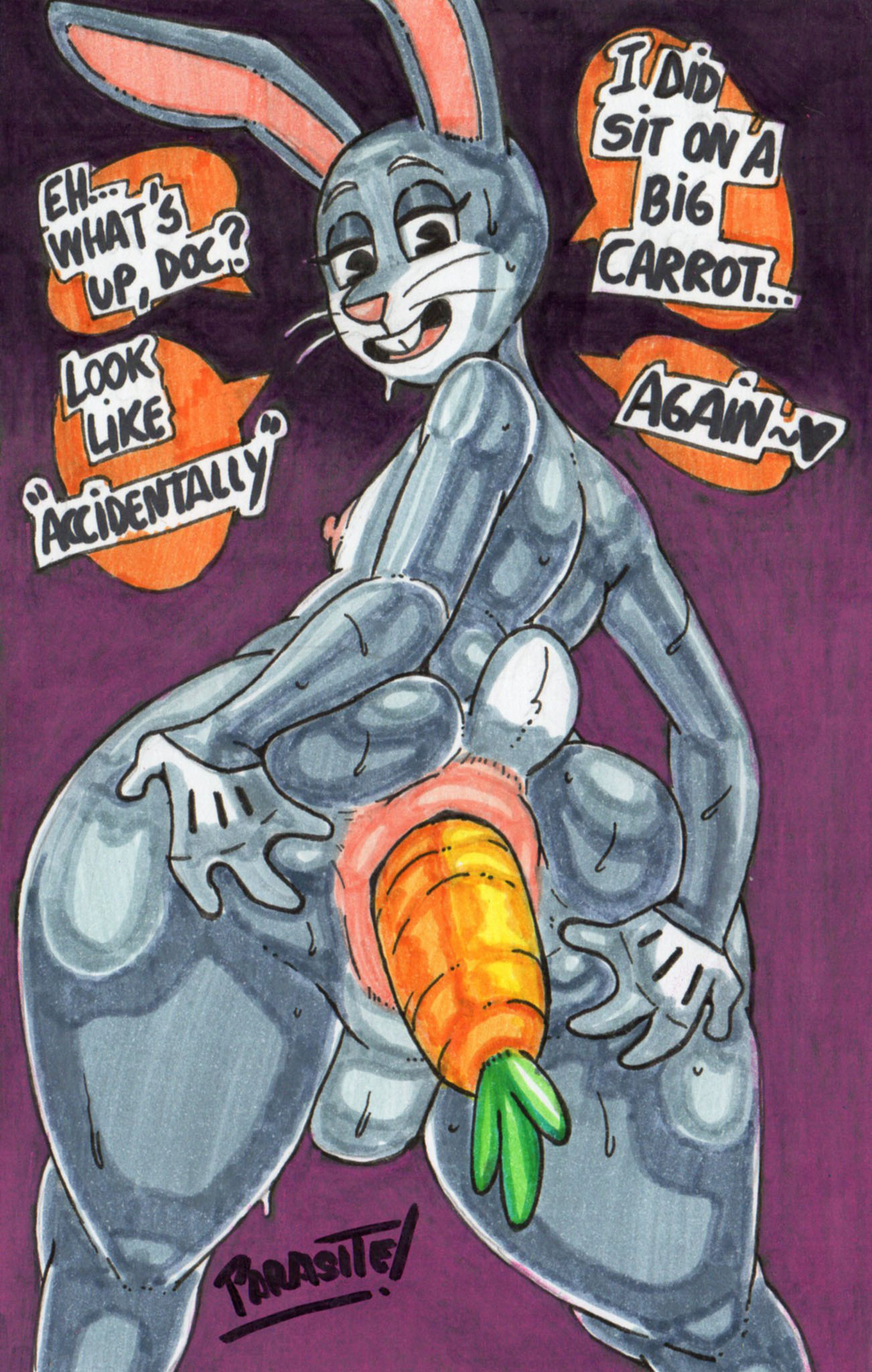 2023 4_fingers anal anal_penetration anthro anus areola artist_name balls big_anus big_areola big_butt black_eyes bodily_fluids bottom_heavy bubble_butt buckteeth bugs_bunny butt butt_squish carrot carrot_in_ass clothing dialogue english_text eyelashes fingers food food_fetish food_in_ass food_insertion food_play fur genitals girly gloves grey_body grey_fur handwear hi_res huge_butt huge_thighs improvised_sex_toy lagomorph leporid long_ears looking_at_viewer looking_back looking_back_at_viewer looney_tunes male mammal multicolored_body multicolored_fur nipples nude open_mouth parasitedeath penetration plant rabbit short_tail signature simple_background smile solo spread_butt spreading squish sweat tail talking_to_viewer teeth text thick_thighs tongue traditional_media_(artwork) two_tone_body two_tone_fur vegetable warner_brothers whiskers white_body white_fur wide_hips