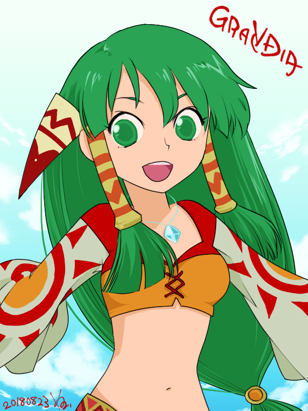 1girl :d breasts cloud copyright_name dated feena_(grandia) grandia grandia_i green_eyes green_hair hair_ornament hair_tubes jewelry long_hair looking_at_viewer low-tied_long_hair matibito_kozu midriff navel necklace open_mouth smile solo