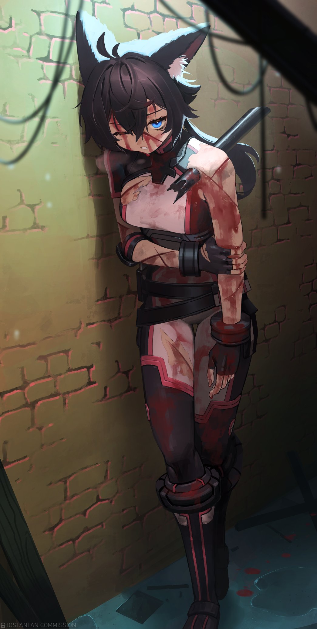 1girl animal_ear_fluff animal_ears black_hair blood blood_drip blood_on_clothes blood_on_face blood_on_hands blood_trail blue_eyes cuts fingerless_gloves gloves heavy_breathing highres impaled industrial_pipe injury leaning long_hair one_eye_closed original solo tostantan wall