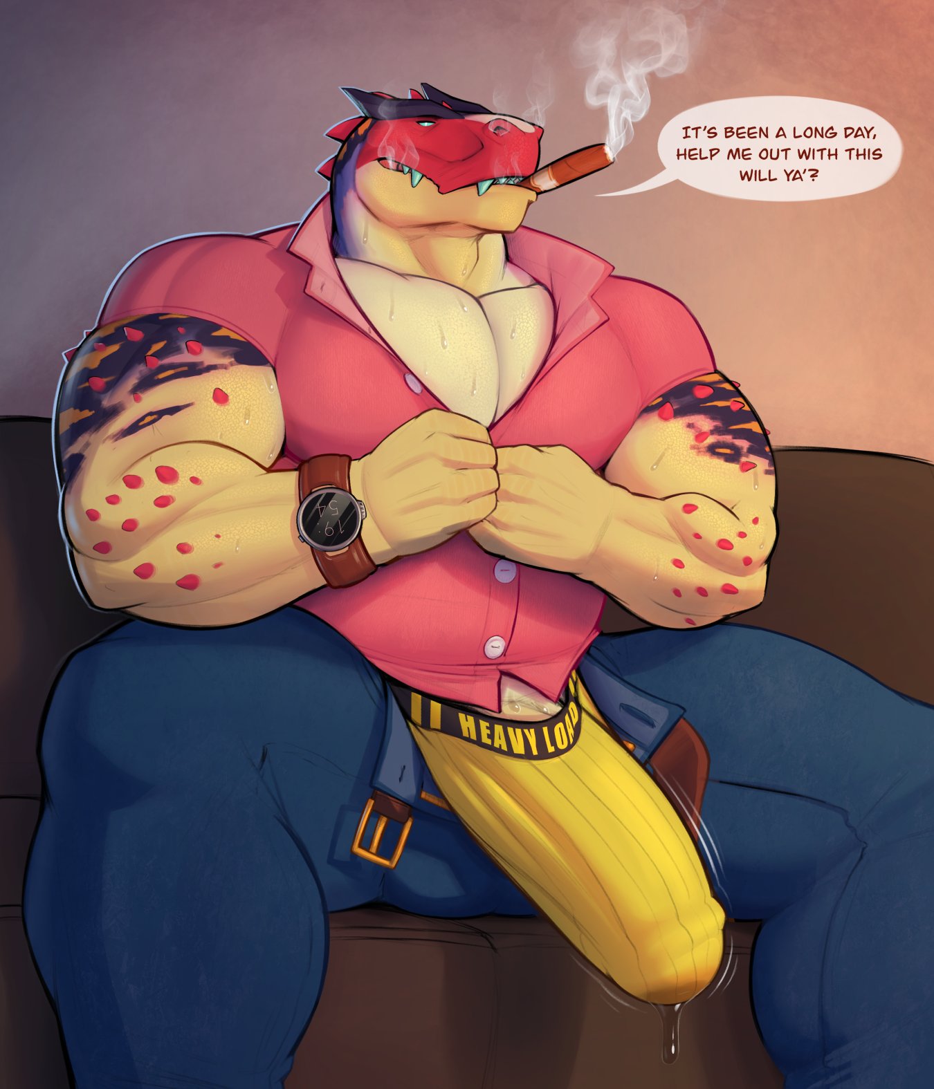 2023 anthro barazoku belt biceps big_bulge big_muscles big_penis blush bodily_fluids bottomwear bulge cigar clock clothed clothing denim denim_clothing dialogue dinosaur english_text erection erection_under_clothing furniture genital_fluids genitals hi_res huge_bulge huge_muscles huge_penis humanoid_genitalia humanoid_penis inside inviting jeans long_penis looking_at_viewer male motion_lines muscular muscular_anthro muscular_male narrowed_eyes on_sofa pants pecs penis penis_base precum precum_through_clothing precum_through_underwear presenting presenting_penis razzper reptile scales scalie shirt sitting smoke smoking sofa solo sweat talking_to_viewer teeth tenting text text_on_clothing text_on_underwear thick_thighs topwear unbuttoning underwear undressing unzipped watch wet wet_clothing zipper