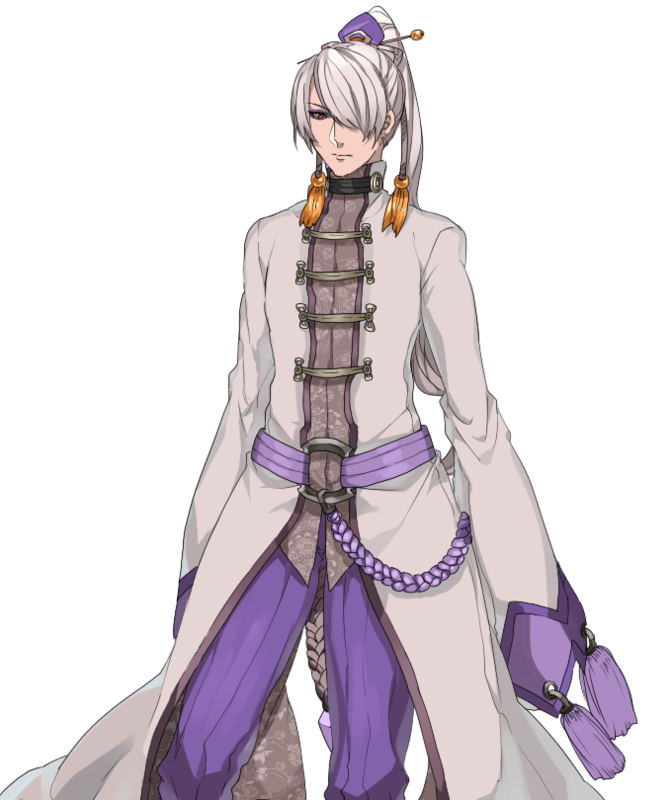 1boy closed_mouth full_body hair_ornament hair_over_one_eye hair_stick katagiri_hachigou long_hair long_sleeves male_focus mienshao pants personification pokemon ponytail purple_pants red_eyes simple_background solo tassel white_background white_hair