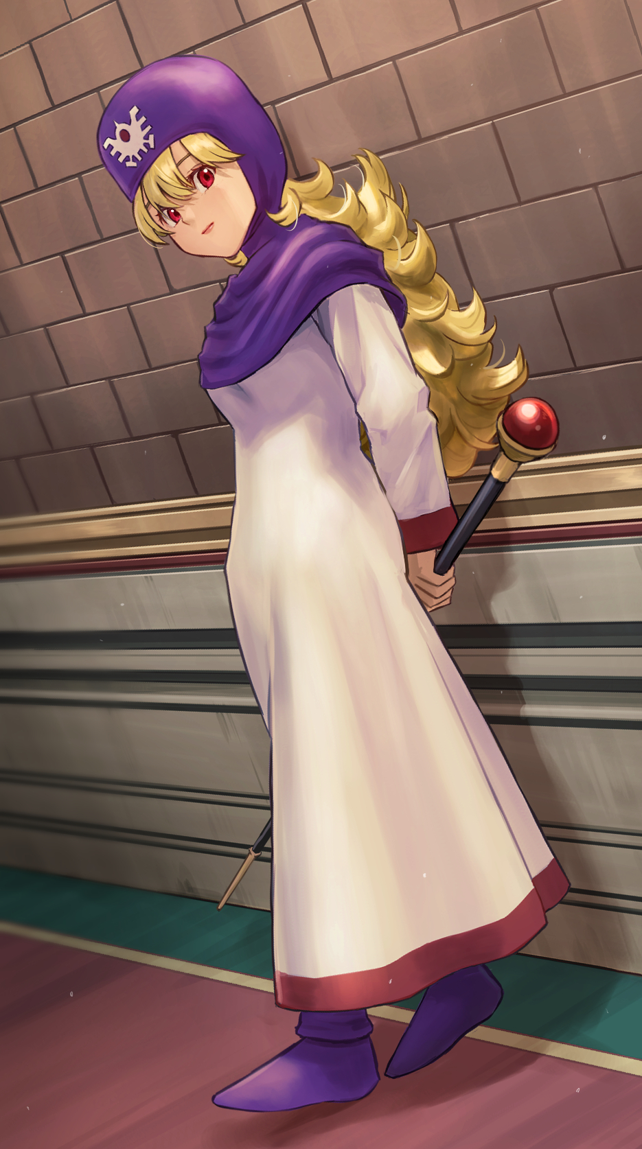 1girl against_wall blonde_hair boots brick_wall closed_mouth commentary curly_hair dragon_quest dragon_quest_ii full_body hair_between_eyes highres holding holding_staff hood ishiyuki lips long_hair long_sleeves looking_at_viewer looking_to_the_side princess_of_moonbrook purple_footwear purple_headwear purple_hood red_eyes robe solo staff standing white_robe