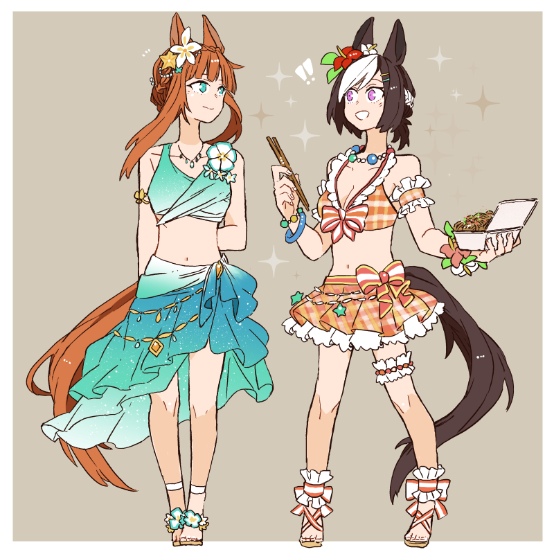 2girls animal_ears aqua_eyes asuka_(junerabitts) bare_shoulders bikini braid breasts brown_background brown_hair chopsticks cleavage crown_braid ear_covers flower food full_body green_bikini green_sarong hair_flower hair_ornament holding holding_chopsticks holding_food horse_ears horse_girl horse_tail long_hair looking_at_another low_ponytail medium_breasts midriff multicolored_hair multiple_girls navel official_alternate_costume orange_bikini orange_hair plaid plaid_bikini purple_eyes sandals sarong short_hair sidelocks silence_suzuka_(emerald_on_the_waves)_(umamusume) silence_suzuka_(umamusume) simple_background small_breasts special_week_(hopping_vitamin_heart)_(umamusume) special_week_(umamusume) swimsuit tail two-tone_hair umamusume umamusume_summer_story_(umamusume) white_hair yakisoba