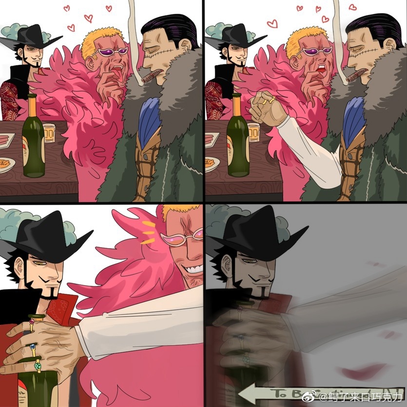 3boys annoyed beard black_hair blank_stare blonde_hair bottle crocodile_(one_piece) donquixote_doflamingo dracule_mihawk facial_hair falling_feathers hair_slicked_back holding holding_bottle loving_aura male_focus mature_male mg_cls motion_blur multiple_boys mustache notice_lines one_piece pointing pointing_at_mouth pointing_at_self scar scar_on_face scar_on_nose short_hair stitches sunglasses third_wheel to_be_continued tongue tongue_out upper_body wine_bottle wrinkled_skin yaoi
