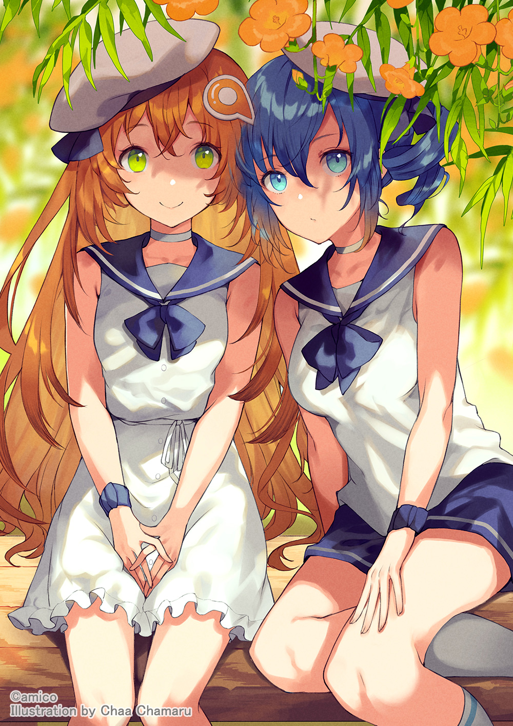 2girls amiami_(company) amico aqua_eyes beret blue_hair blue_shorts breasts choker dress flower green_eyes grey_socks hair_between_eyes hair_ornament hat highres kneehighs lilco long_hair looking_at_viewer medium_breasts multiple_girls orange_flower orange_hair own_hands_together sailor_collar sailor_dress shorts sitting sleeveless small_breasts socks very_long_hair white_choker white_dress white_headwear yumekui