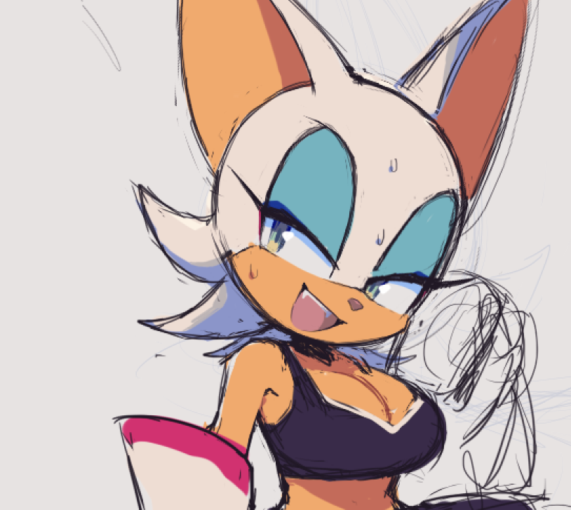 2023 anthro bat bodily_fluids bra breasts cleavage clothed clothing eyeshadow female fur makeup mammal narrowed_eyes open_mouth open_smile rouge_the_bat sega simple_background smile solo sonic_the_hedgehog_(series) sports_bra sweat tan_body tan_skin underwear white_body white_fur zzavok