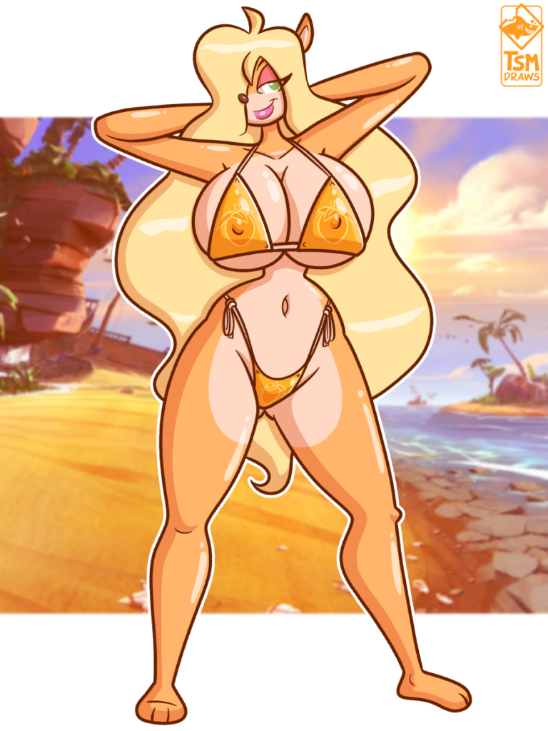 2023 activision anthro bandicoot beach bikini blonde_hair breasts clothing crash_bandicoot_(series) digital_media_(artwork) female hair mammal marsupial orange_bikini orange_clothing orange_swimwear pinup pose seaside solo standing swimwear tawna_bandicoot tsm-draws