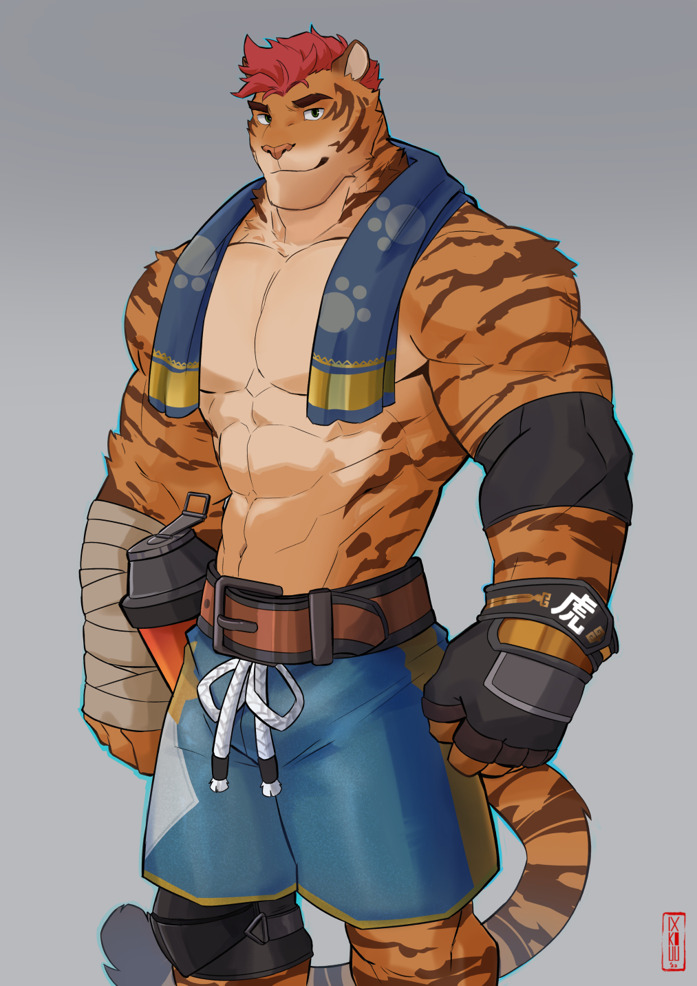 2022 abs anthro belt biceps blue_bottomwear blue_clothing blue_shorts bottle bottomwear clothing container deltoids elbow_pads felid fingerless_gloves fur gloves hair hand_wraps handwear hi_res ixkouu knee_pads looking_at_viewer male mammal muscular muscular_anthro muscular_male obliques orange_body orange_fur pantherine pecs red_hair samba_(sbt) shorts solo standing striped_body striped_fur stripes tiger towel towel_around_neck water_bottle wraps wrist_wraps