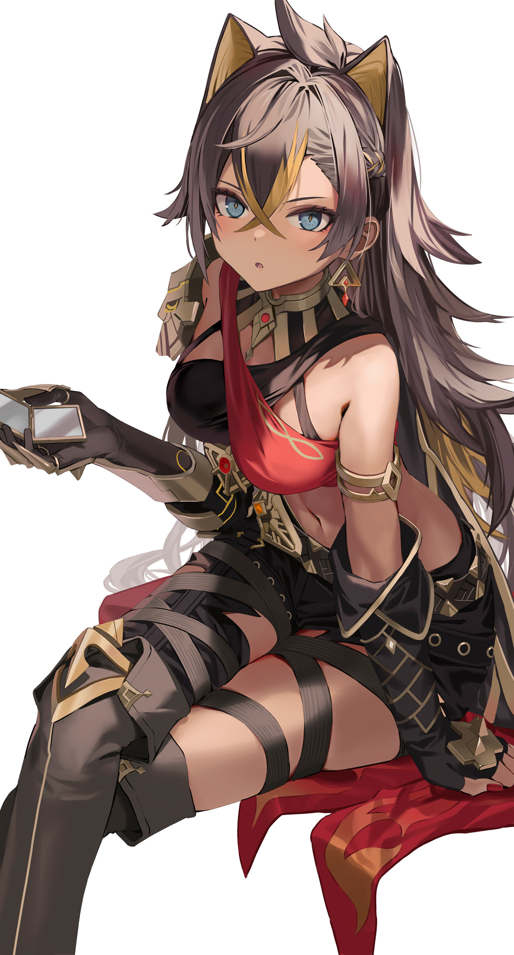 1girl arm_support asymmetrical_clothes bare_shoulders belt black_gloves black_pants blonde_hair blue_eyes blush breasts brown_hair claw_ring criss-cross_halter crossed_bangs crossed_legs dark-skinned_female dark_skin dehya_(genshin_impact) earrings elbow_gloves fingerless_gloves gauntlets genshin_impact gloves hair_between_eyes hair_intakes halterneck highres holding jewelry large_breasts long_hair looking_at_viewer motto_(night_wear) multicolored_hair navel neck_ring open_mouth pants simple_background single_gauntlet single_pantsleg sitting skindentation solo streaked_hair thigh_strap thighs torn_clothes torn_pants very_long_hair white_background
