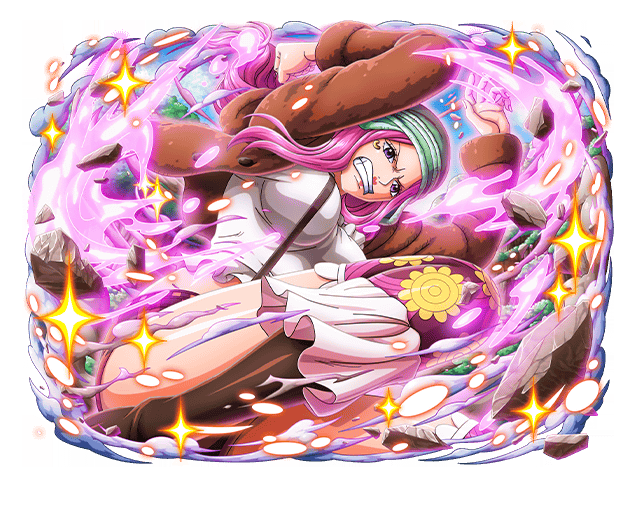 1girl brown_jacket game_cg jacket jewelry_bonney long_hair official_art one_piece one_piece_treasure_cruise piercing pink_hair shirt solo teeth white_shirt