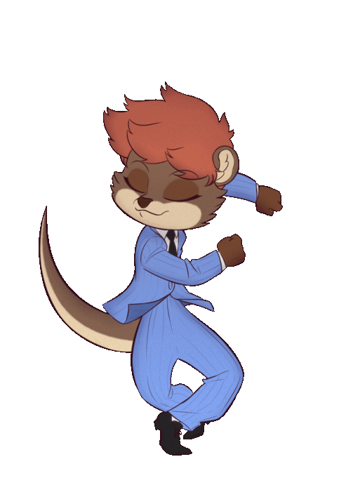 andromorph_(lore) animated anthro auburn_hair blue_clothing blue_eyes brown_body brown_fur clothing dancing footwear fur hair iemier lackadaisy male mammal mustelid necktie otter shoes small_ears smile solo suit tail tail_motion vanessowisk webcomic