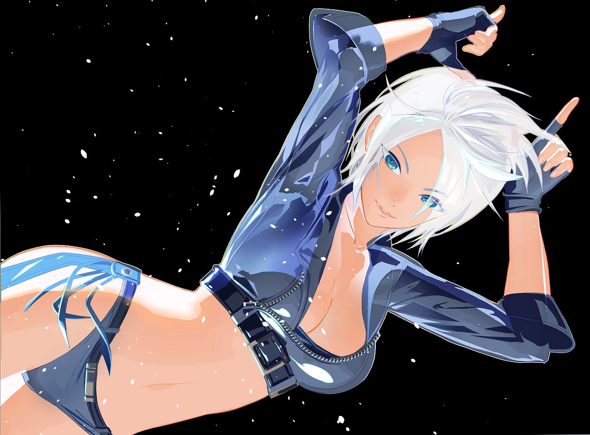 1girl angel_(kof) blue_eyes bra breasts chaps closed_mouth cofffee commentary crop_top cropped_jacket fingerless_gloves gloves hair_over_one_eye horns_pose index_fingers_raised jacket large_breasts leather leather_jacket looking_at_viewer revision smile solo strapless strapless_bra the_king_of_fighters toned underwear white_hair