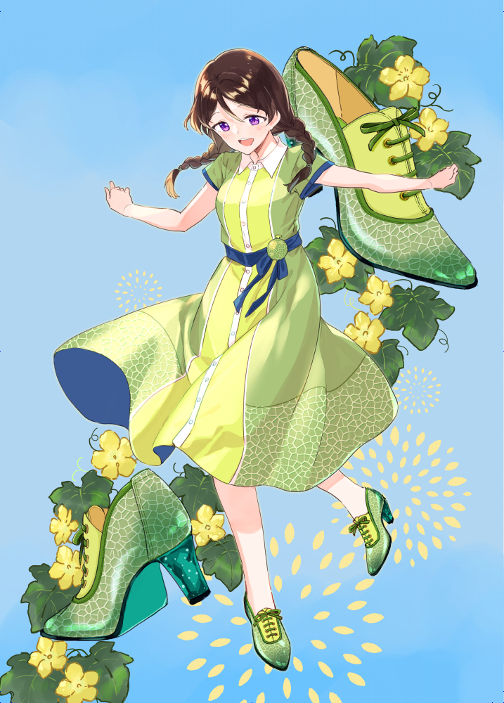 1girl :d blue_background braid breasts brown_hair cantaloupe character_request collared_dress commentary_request dress food food_print fruit fruit_print green_dress green_footwear hair_between_eyes high_heels kutsu_no_muku_mama long_hair low_twintails medium_breasts miyabi_akino purple_eyes shoes short_sleeves smile solo twin_braids twintails