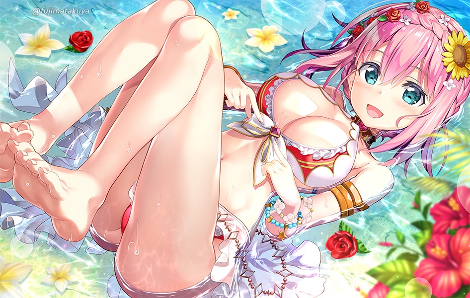 1girl armlet ass bare_shoulders barefoot bikini blue_eyes blush bracelet braid breasts cleavage feet flower fujima_takuya hair_flower hair_ornament jewelry large_breasts looking_at_viewer navel open_mouth pink_hair princess_connect! red_bikini short_hair soles solo sunflower_hair_ornament swimsuit toes water yui_(princess_connect!) yui_(summer)_(princess_connect!)