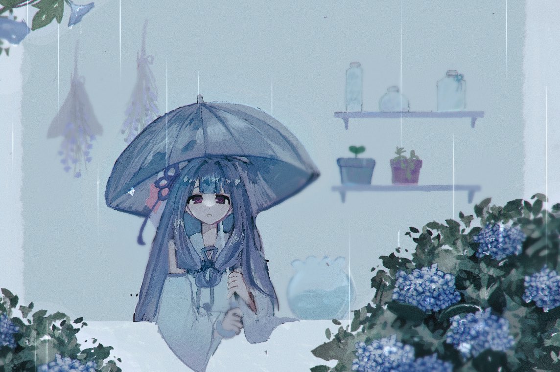 1girl bad_id bad_twitter_id blue_flower blue_hair blue_ribbon blunt_bangs bush detached_sleeves dress fishbowl flower from_outside hair_intakes hair_ribbon hanging_plant holding holding_umbrella hydrangea inactive_account kotonoha_aoi long_hair looking_outside low_tied_sidelocks morning_glory mu_(fyt8ozu7rxqyoy4) neck_ribbon parted_lips plant potted_plant rain red_eyes ribbon shelf sidelocks sleeveless sleeveless_dress solo sprout straight-on through_window two-handed umbrella umbrella_over_shoulder upper_body voiceroid white_dress