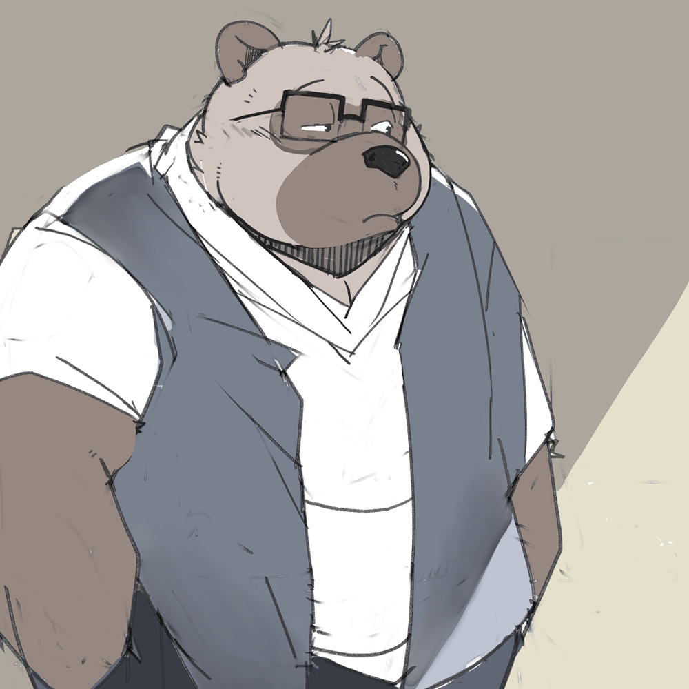 1:1 2023 anthro black_nose brown_body canid canine clothing eyewear glasses kemono male mammal overweight overweight_male raccoon_dog sad shirt simple_background solo tanuki taro_heppoko topwear