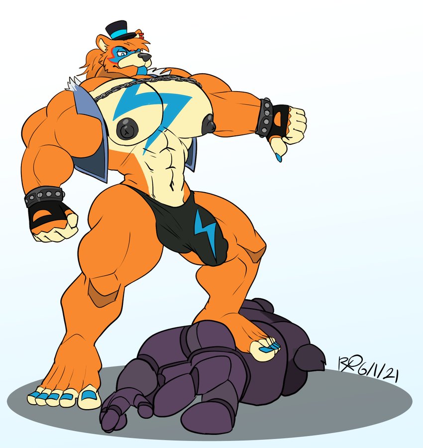 2023 5_toes abs accessory animatronic anthro areola bear black_nose bodypaint bonnie_(fnaf) bracelet bulge chain clawed_fingers claws clothed clothing colored colored_nails duo face_paint feet fingerless_gloves fingernails fist five_nights_at_freddy's freddy_(fnaf) fur gesture gloves handwear hat headgear headwear humanoid_feet jewelry lagomorph leporid lightning_bolt lying machine male male/male mammal mostly_nude muscular muscular_anthro muscular_male nails navel nipples on_side orange_body orange_fur pecs plantigrade purple_body rabbit robot rxq scottgames simple_background snout standing thumbs_down toes topwear underwear vest white_background