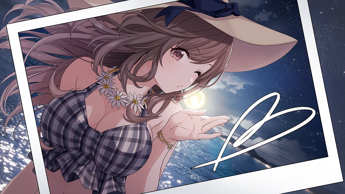 1girl armpit_crease backlighting bare_shoulders bikini blowing_kiss blue_bikini blue_ribbon bracelet breasts brown_hair cleavage cloud dutch_angle flower flower_necklace framed frilled_bikini frills full_moon game_cg halterneck hat hat_ribbon horizon idolmaster idolmaster_shiny_colors jewelry large_breasts long_hair looking_at_viewer moon night ocean official_art one_eye_closed outdoors picture_frame pink_eyes plaid plaid_bikini ribbon sidelocks sky solo star_(sky) starry_sky sun_hat swimsuit tsukioka_kogane upper_body wind