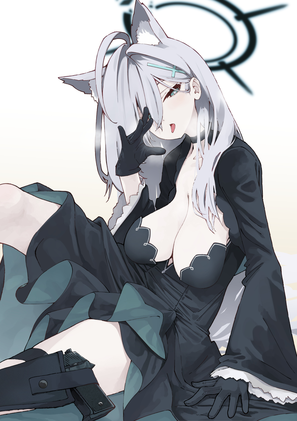 1girl animal_ear_fluff animal_ears black_dress black_jacket blue_archive blue_eyes blush breasts choker cleavage collarbone cropped_jacket cross_hair_ornament dress extra_ears grey_hair gun hair_ornament halo highres iwasaki_takashi jacket large_breasts long_hair long_sleeves looking_at_viewer open_clothes open_jacket open_mouth shiroko_(blue_archive) shiroko_terror_(blue_archive) sidelocks simple_background sitting solo thighs tongue tongue_out variant_set weapon white_background wolf_ears