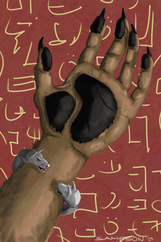 2023 5_fingers anthro black_pawpads brown_body brown_fur canid canine canis claws digital_media_(artwork) domestic_dog finger_claws fingers fur hand_focus herding_dog humanoid_hands jacob_(sampsonwoof) jewelry male_(lore) malinois_dog mammal pastoral_dog pawpads sampsonwoof sheepdog signature solo story story_in_description torc