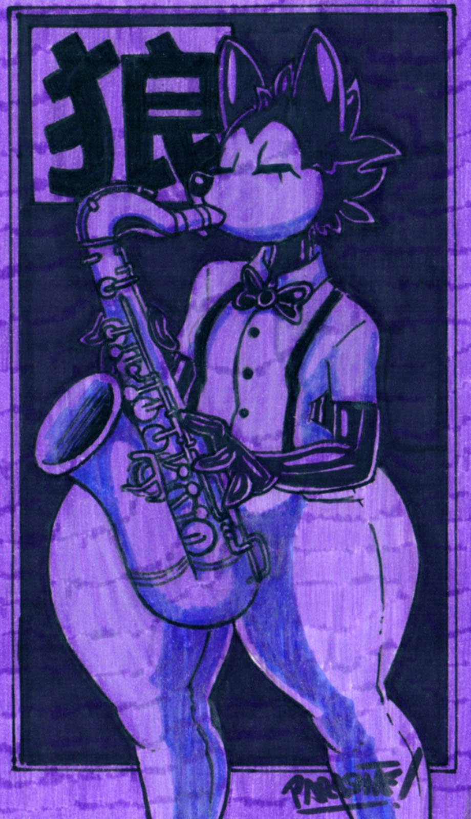 2022 anthro artist_name bottom_heavy bow_tie canid canine canis clothing dress_shirt eyelashes eyes_closed fingers girly hi_res male mammal musical_instrument parasitedeath playing_saxophone saxophone shirt signature simple_background solo suspenders thick_thighs topwear wide_hips wind_instrument wolf wolf_(parasitedeath) woodwind_instrument