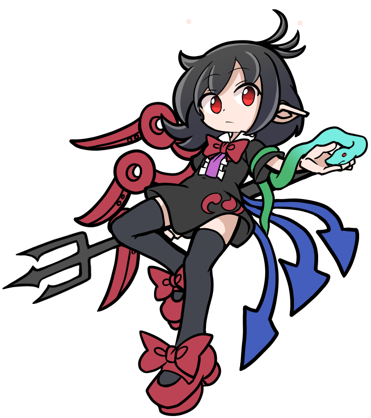 1girl asymmetrical_wings black_hair black_thighhighs blue_wings bow bowtie center_frills closed_mouth commentary footwear_bow frills full_body houjuu_nue messy_hair parody pointy_ears polearm puyopuyo red_bow red_bowtie red_eyes red_footwear red_wings shinmon_akika short_sleeves simple_background snake_armband solo style_parody thighhighs touhou trident weapon white_background wings