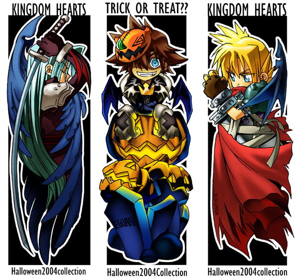 3boys armor bandages bat_wings black_background black_coat black_wings blonde_hair blue_eyes blue_hair brown_gloves brown_hair cape closed_eyes cloud_strife coat column_lineup commentary eguana english_text evil_grin evil_smile facing_away fang feathered_wings final_fantasy final_fantasy_vii fingerless_gloves gloves graveyard grin halloween high_collar holding holding_sword holding_weapon jack-o'-lantern katana kingdom_hearts kingdom_hearts_i leaning leaning_forward light_blue_hair long_hair long_sleeves male_focus mask mask_on_head multiple_boys official_alternate_costume pauldrons pumpkin red_cape sephiroth serious short_hair shoulder_armor single_wing smile sora_(kingdom_hearts) spiked_hair sword tombstone trick_or_treat weapon white_background white_gloves wings