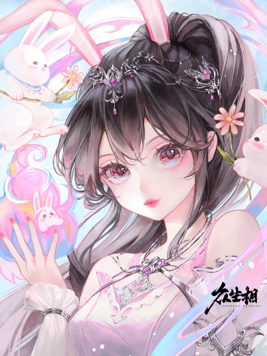 1girl animal_ears arm_up artist_request bare_shoulders breasts brown_hair douluo_dalu dress dust flower hair_ornament highres long_hair looking_at_viewer medium_breasts pink_dress pink_eyes pink_flower ponytail rabbit rabbit_ears second-party_source upper_body xiao_wu_(douluo_dalu)
