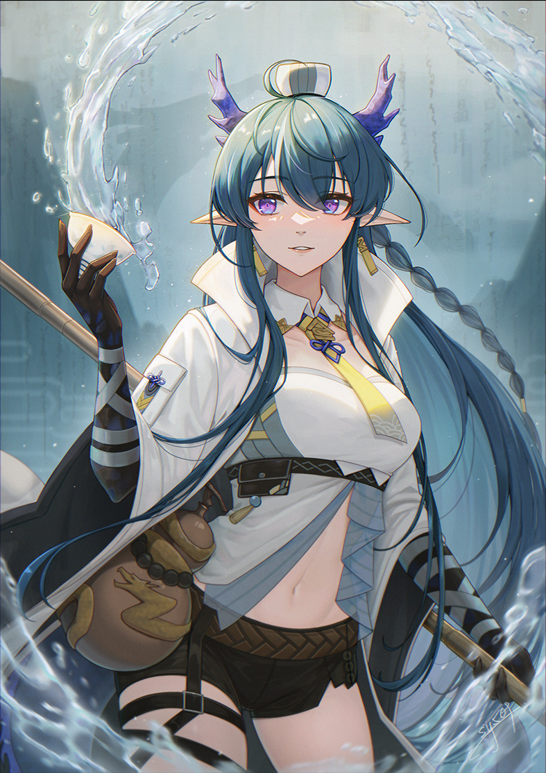 1girl architecture arknights black_shorts black_skin blue_background blue_hair braid breasts coat colored_skin commentary cowboy_shot cup dragon_girl dragon_horns earrings east_asian_architecture english_commentary eyeshadow gourd high_collar holding holding_cup holding_staff horns jewelry large_breasts ling_(arknights) long_hair looking_at_viewer makeup navel necktie open_clothes open_shirt parted_lips pointy_ears ponytail purple_eyes red_eyeshadow sakazuki shirt shorts sidelocks signature solo staff sy509 tassel tassel_earrings thigh_strap topknot water white_coat white_shirt yellow_necktie