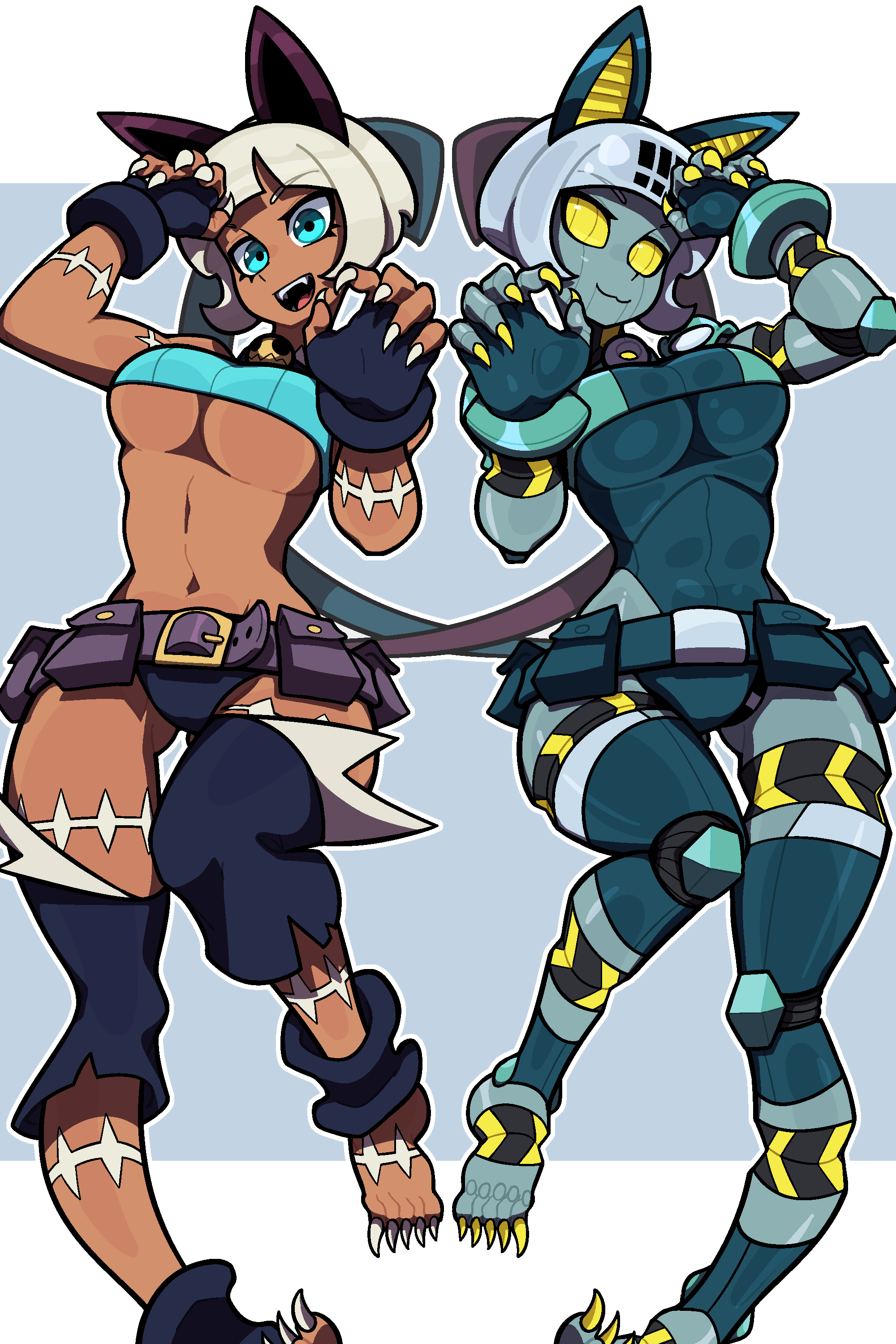 2girls :3 absurdres animal_ears barefoot belt belt_pouch blue_eyes blue_gloves bob_cut breasts cat_ears cat_tail claw_pose claws colored_skin crop_top dark-skinned_female dark_skin fangs feet fingerless_gloves gloves highres joints large_breasts looking_at_viewer metal_skin midriff ms._fortune_(skullgirls) muds multiple_girls navel pouch robo-fortune robot robot_girl robot_joints scar short_hair simple_background skullgirls smile tail teeth toe_claws toes underboob upper_teeth_only white_hair white_nails yellow_eyes yellow_nails