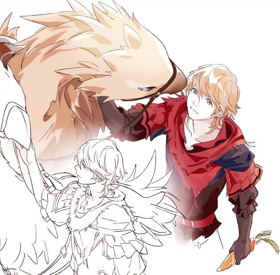 1boy bird black_gloves blonde_hair blue_eyes chocobo closed_mouth final_fantasy final_fantasy_xvi food from_above gloves hair_between_eyes holding holding_food holding_vegetable joshua_rosfield light_smile male_focus medium_hair multiple_views nuoi407 red_scarf scarf sketch upper_body vegetable white_background