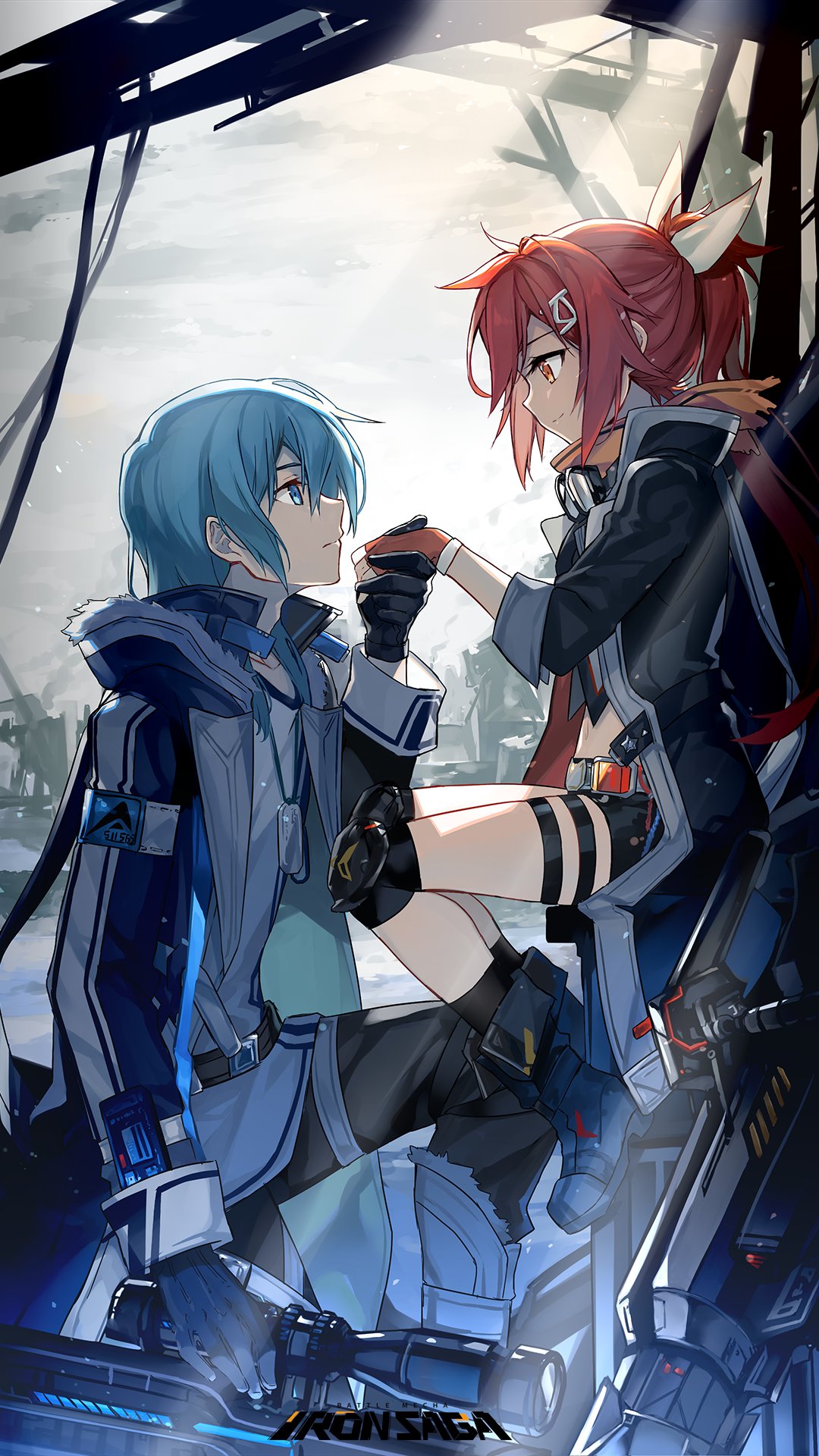 1boy 1girl aalter_(iron_saga) artist_request belt blue_eyes blue_hair charlotte_(iron_saga) dog_tags fingerless_gloves from_side gloves goggles gun hair_ornament highres holding holding_weapon iron_saga official_art outdoors red_hair rifle scarf shirt smile sniper_rifle weapon yellow_eyes