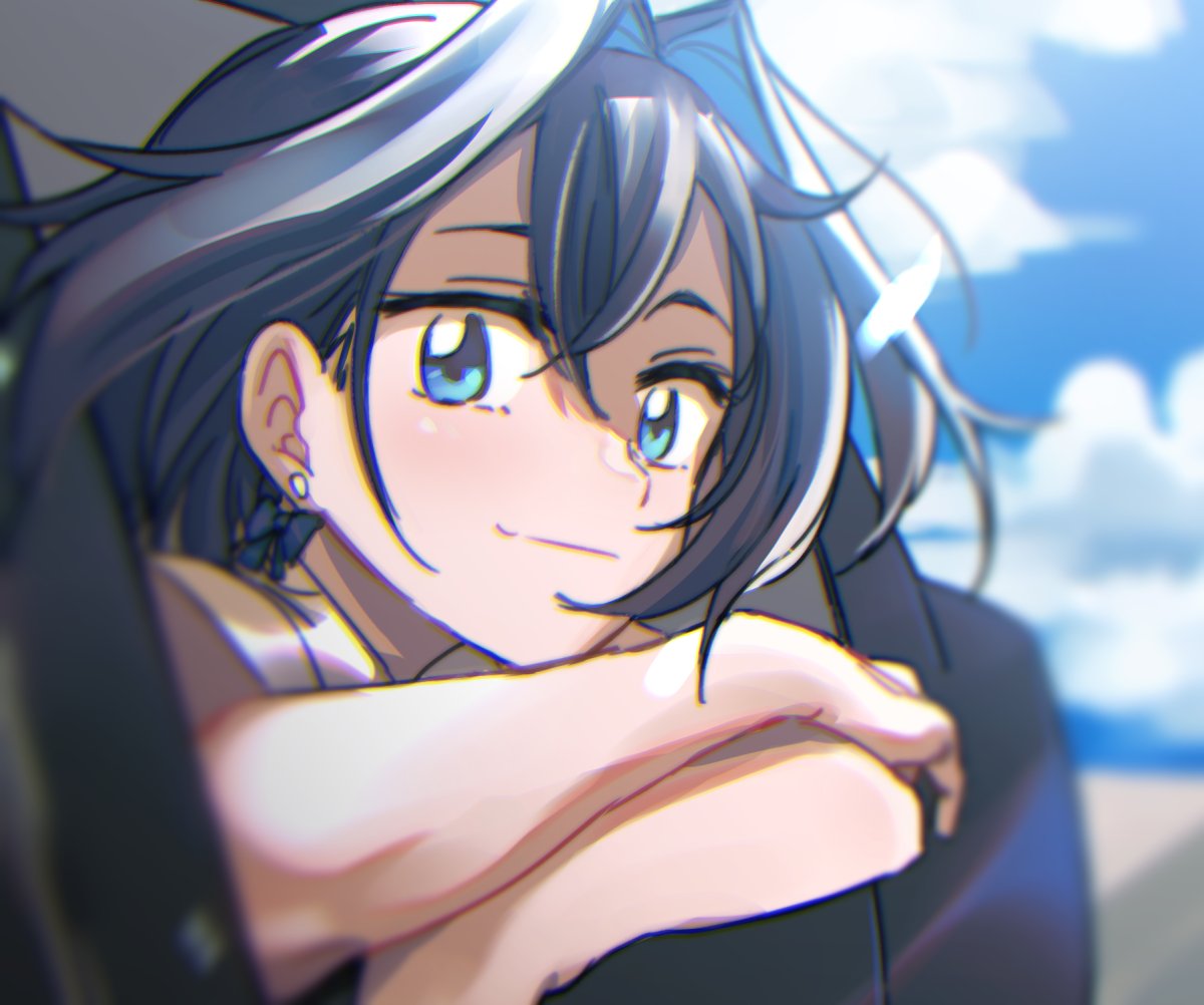 1girl black_hair blue_eyes blurry blurry_background bow bow_earrings brmameng car crossed_arms earrings hair_intakes hololive hololive_english jewelry motor_vehicle ouro_kronii smile virtual_youtuber