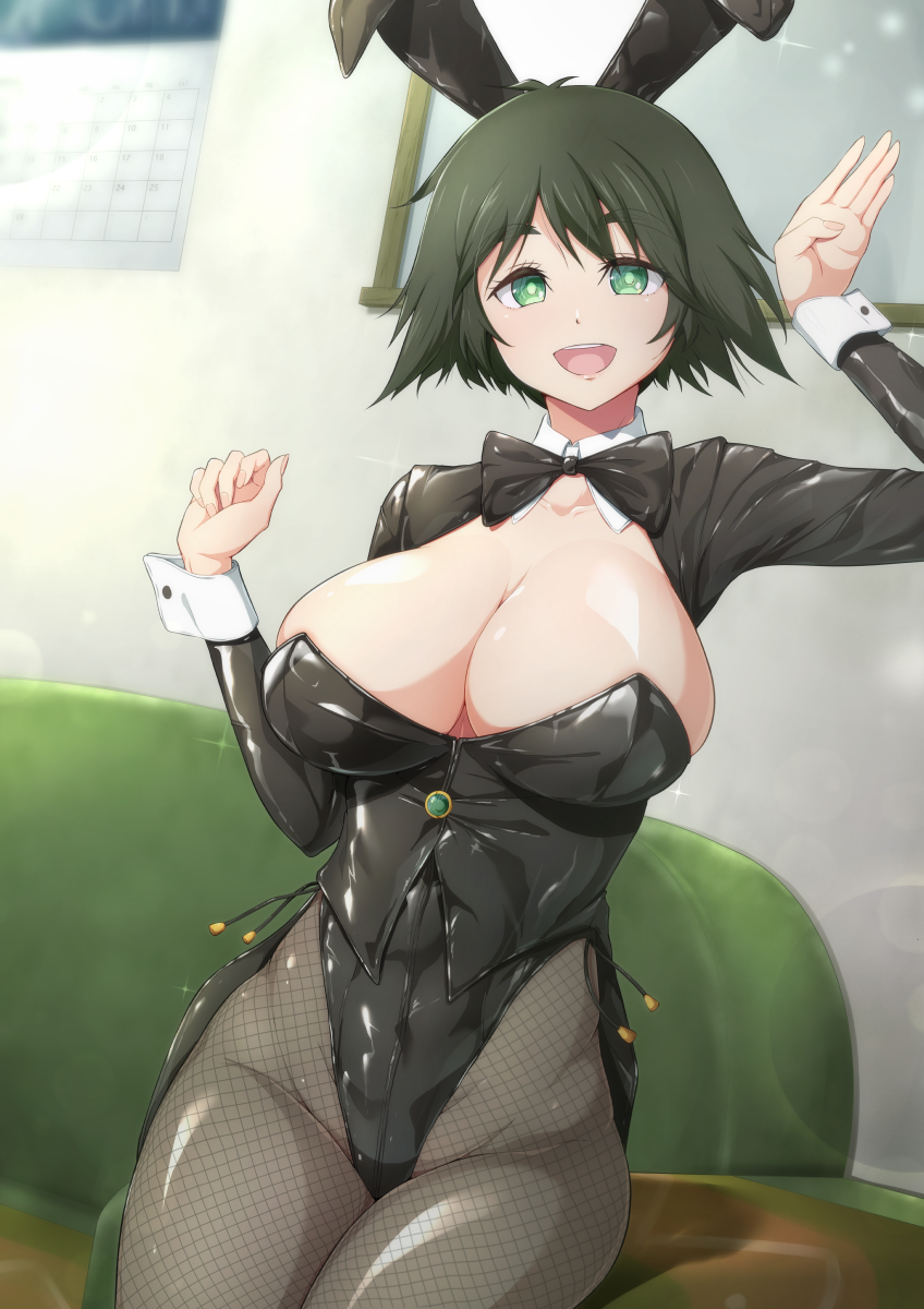 1girl animal_ears black_bow black_bowtie black_hair black_jacket black_leotard bow bowtie breasts calendar_(object) cleavage coattails commentary_request commission couch cowboy_shot detached_collar fishnet_pantyhose fishnets green_eyes grey_pantyhose highres jacket large_breasts leotard looking_at_viewer ocza open_mouth pantyhose playboy_bunny rabbit_ears shiina_mayuri short_hair smile solo steins;gate tuxedo_jacket window wrist_cuffs