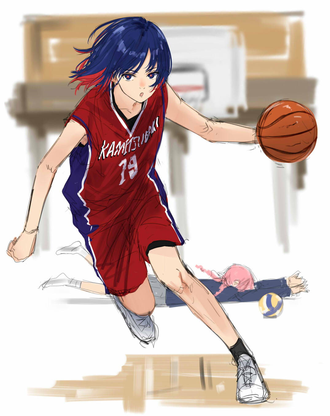 2girls ball basketball basketball_(object) basketball_jersey basketball_uniform black_socks blazer blue_eyes blue_hair blue_jacket braid collarbone colored_inner_hair commentary copyright_name faceplant floating_hair grey_skirt highres holding holding_ball isshiki_(ffmania7) jacket kaf_(kamitsubaki_studio) kamitsubaki_studio long_hair looking_ahead medium_hair multicolored_eyes multicolored_hair multiple_girls open_mouth outstretched_arms pink_hair pleated_skirt red_eyes red_hair red_shirt red_shorts rim_(kamitsubaki_studio) running school_uniform serious shirt shoes shorts sketch skirt sleeveless sleeveless_shirt sneakers socks solo_focus sportswear standing standing_on_one_leg symbol-only_commentary tripping twin_braids virtual_youtuber volleyball_(object) white_footwear yellow_pupils