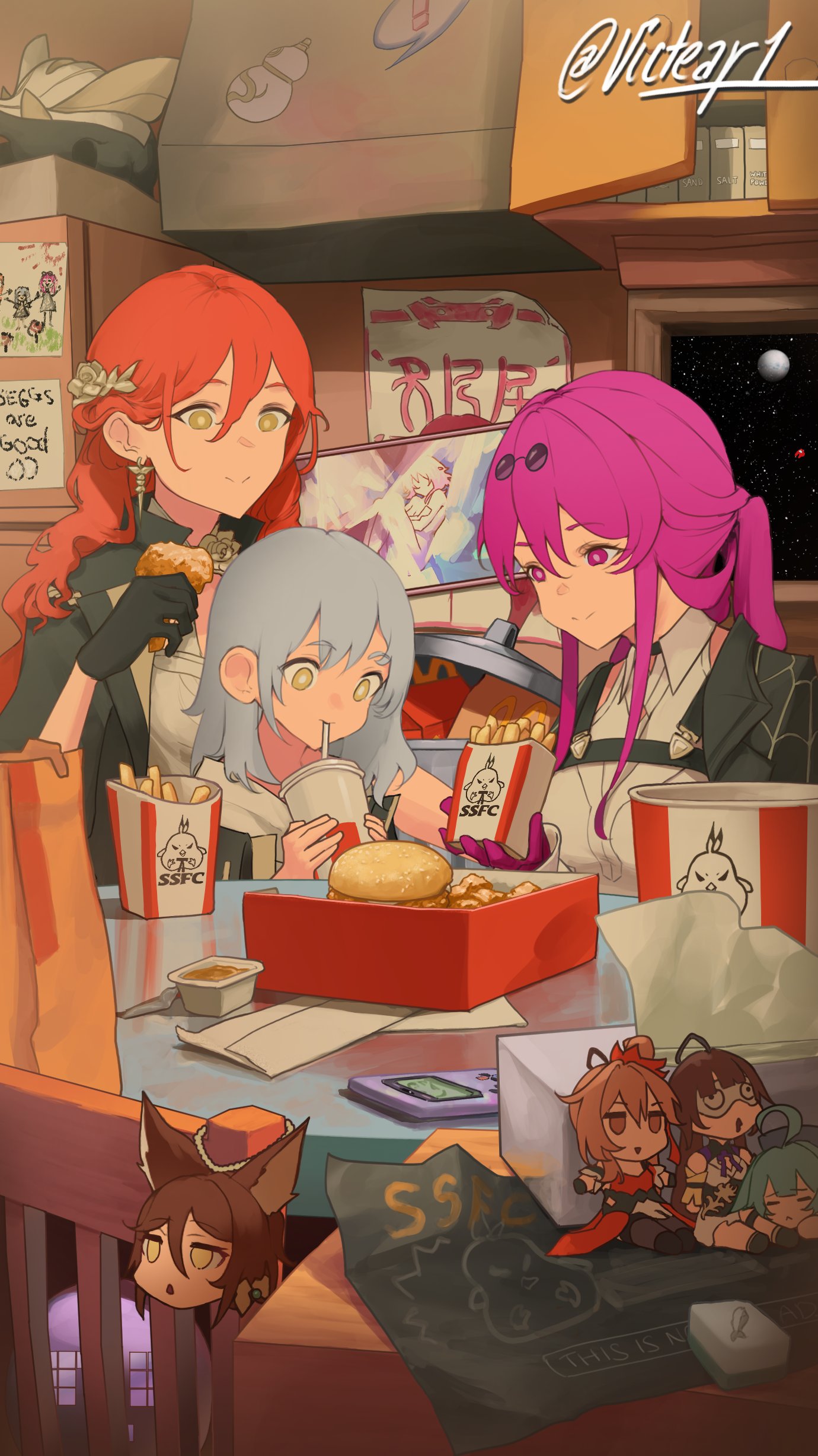3girls absurdres bag burger chair character_request child closed_mouth cup disposable_cup drinking drinking_straw drinking_straw_in_mouth eyewear_on_head food french_fries fried_chicken game_boy game_boy_color grey_hair guinaifen_(honkai:_star_rail) hair_between_eyes handheld_game_console highres himeko_(honkai:_star_rail) holding holding_cup honkai:_star_rail honkai_(series) huohuo_(honkai:_star_rail) indoors kafka_(honkai:_star_rail) kfc long_hair long_sleeves looking_at_another mcdonald's multiple_girls paper_bag purple_eyes purple_hair red_hair refrigerator round_eyewear sauce shirt sitting smile space stelle_(honkai:_star_rail) sunglasses tingyun_(honkai:_star_rail) tissue tissue_box trailblazer_(honkai:_star_rail) victear white_shirt yellow_eyes yoru_mac