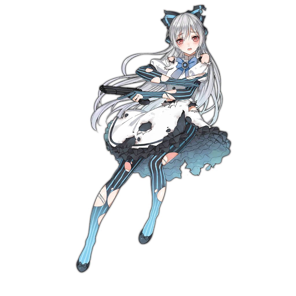 1girl arm_across_chest black_bow blue_bow blue_footwear blue_pantyhose blue_stripes blush bow breasts brooch burnt_clothes buttons damaged defeat dress elbow_gloves eyelashes footwear_bow frilled_dress frills full_body girls'_frontline gloves gradient_legwear grey_hair gun haijin hair_bow handgun holding holding_gun holding_weapon jewelry juliet_sleeves knees long_hair long_sleeves looking_at_viewer multicolored_clothes official_art open_mouth pantyhose partially_fingerless_gloves petticoat puffy_sleeves red_eyes shoes short_sleeves small_breasts solo striped striped_bow striped_gloves striped_pantyhose tokarev_(girls'_frontline) tokarev_tt-33 torn_bow torn_clothes torn_dress torn_gloves torn_pantyhose transparent_background trigger_discipline vertical-striped_gloves vertical-striped_pantyhose vertical_stripes very_long_hair weapon white_dress