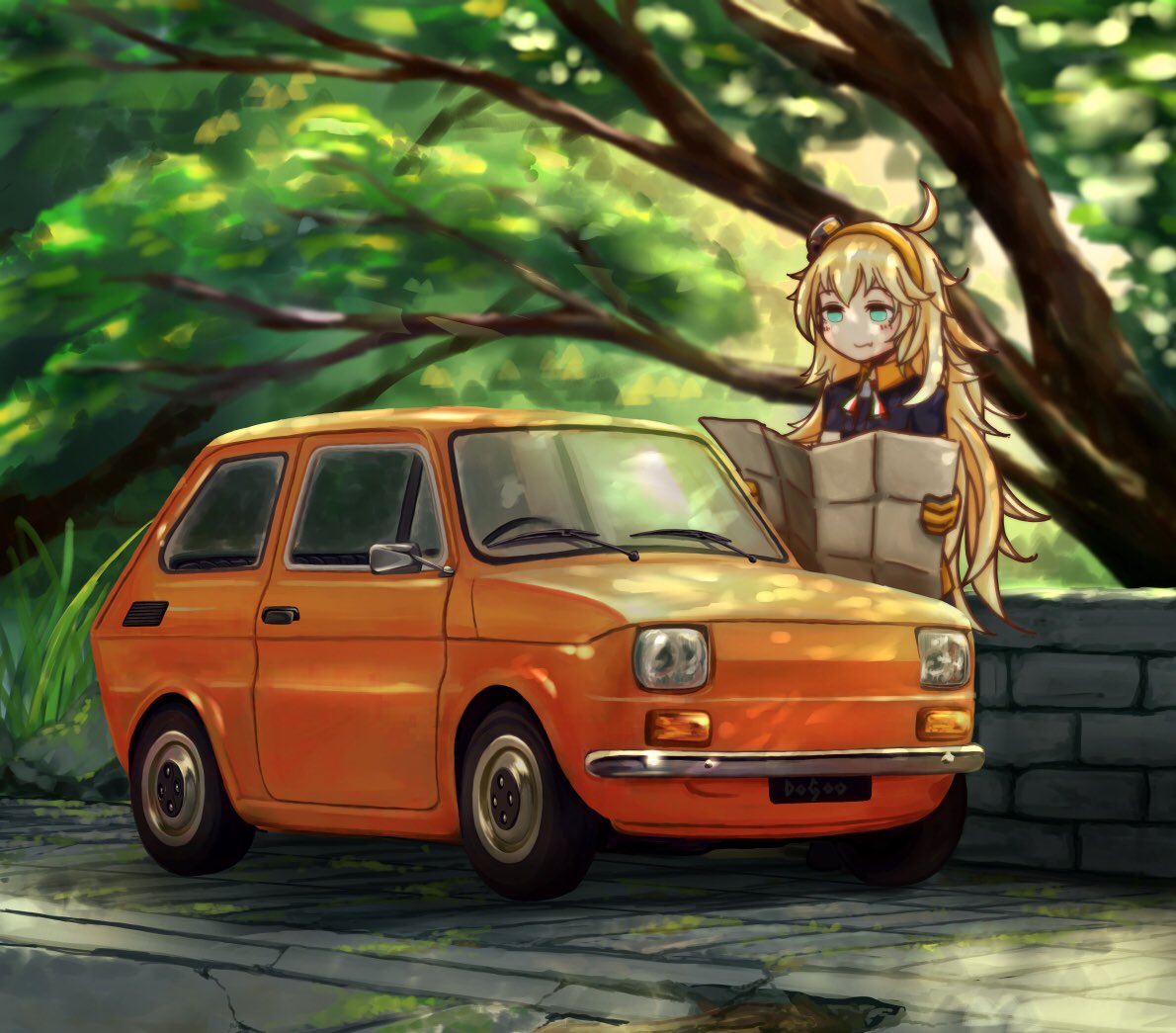 1girl ahoge aqua_eyes blonde_hair car commentary_request dappled_sunlight fang fiat fiat_126 girls'_frontline gloves hairband holding holding_map long_hair map massabou2 messy_hair motor_vehicle outdoors s.a.t.8_(girls'_frontline) skin_fang solo stone_wall sunlight tree upper_body vehicle_focus very_long_hair wall yellow_gloves