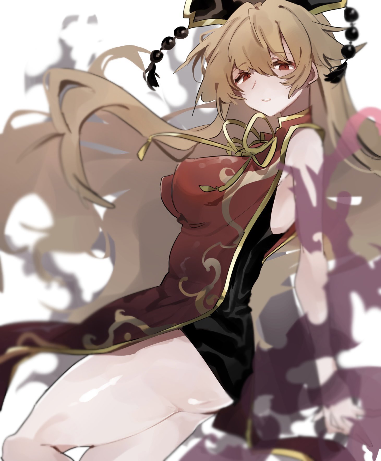 1girl adapted_costume ayahi_4 bare_shoulders black_dress black_headwear blush breasts chinese_clothes crescent crescent_print dress energy hair_between_eyes hat highres junko_(touhou) large_breasts light_brown_hair long_hair looking_at_viewer mandarin_collar neck_ribbon phoenix_crown pom_pom_(clothes) red_eyes red_tabard ribbon short_dress simple_background sleeveless sleeveless_dress smile solo standing tabard tassel teeth touhou white_background yellow_ribbon