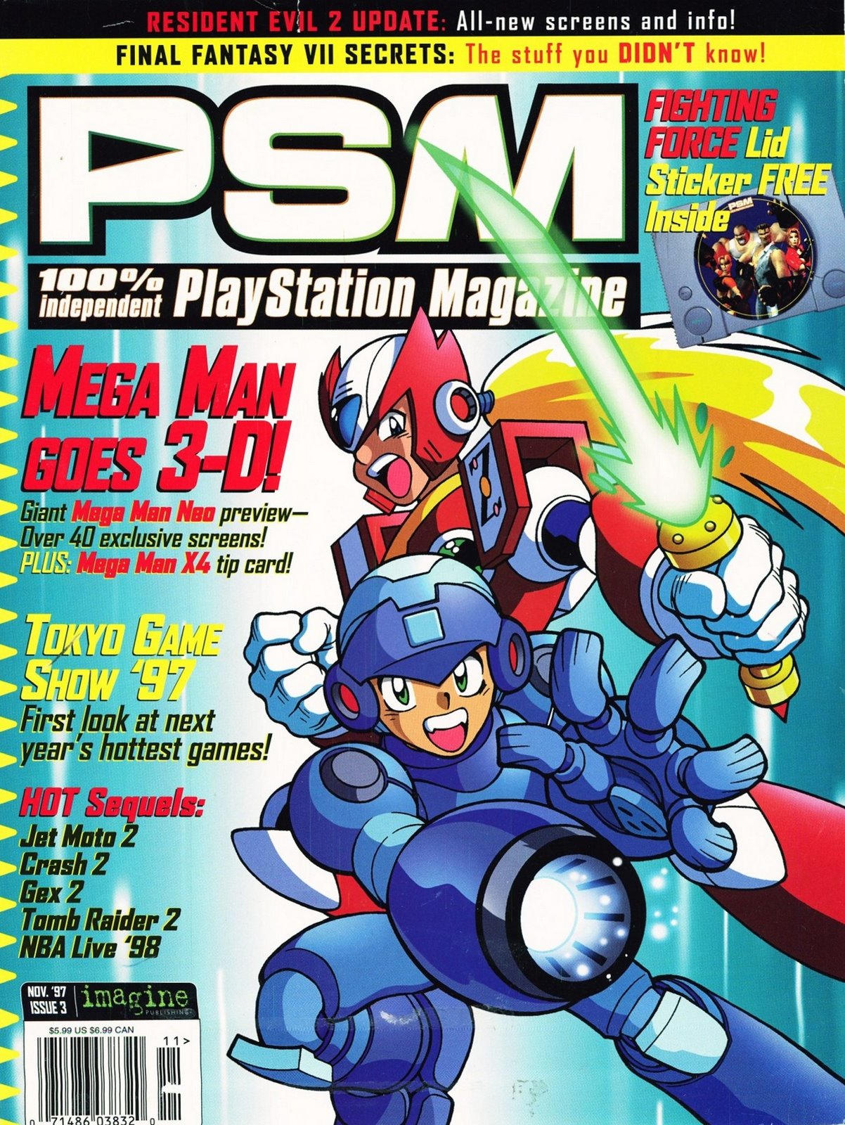 2boys adam_warren alana_mckendricks android arm_cannon barcode clenched_hand collaboration copyright_name cover energy_sword fighting_force game_console green_eyes hawk_manson helmet highres holding holding_sword holding_weapon mace_daniels magazine_cover male_focus mega_man_(character) mega_man_(series) mega_man_zero multiple_boys official_art open_hand open_mouth pat_duke playstation_1 psm scan sword weapon zero_(mega_man)