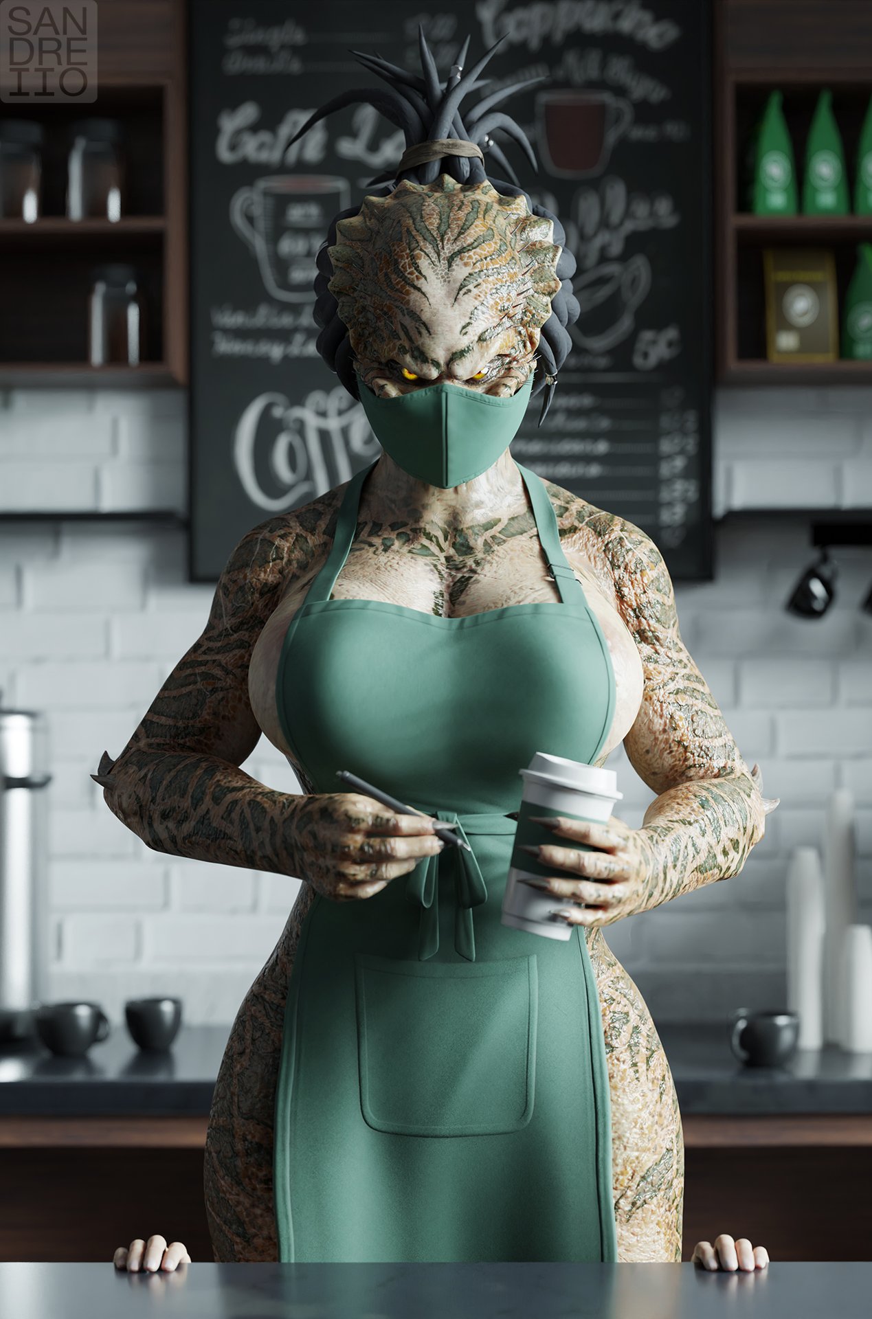 alien apron apron_only breasts claws clothing container cup digital_media_(artwork) duo female female_on_human hair hi_res human looking_at_viewer male mammal mask pen predator_(franchise) sandreiio starbucks yautja