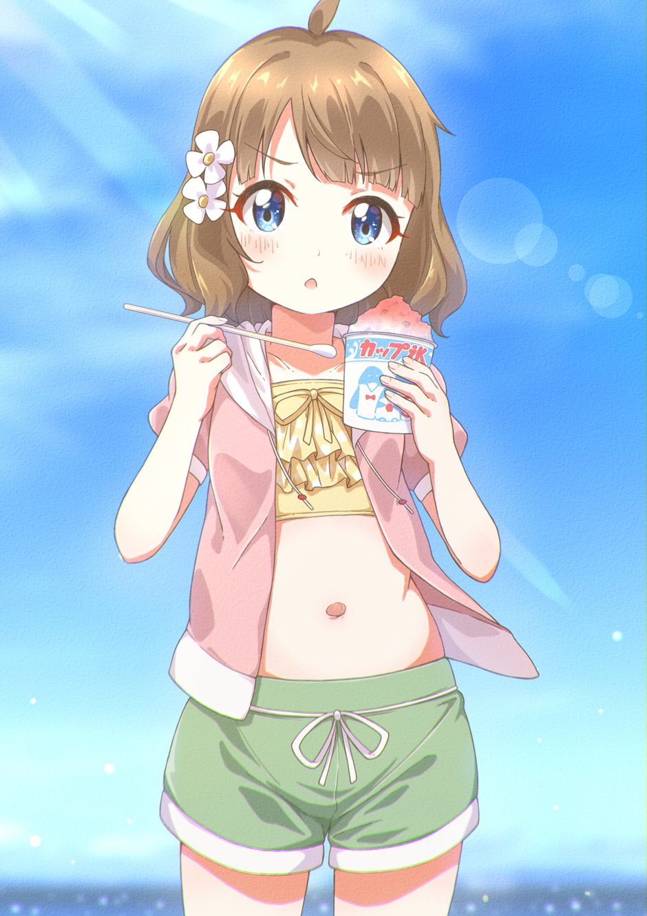 1girl ahoge bikini blue_eyes blue_sky blurry blurry_background blush brown_hair chestnut_mouth child commentary cowboy_shot cup day dolphin_shorts flat_chest flower food frilled_bikini_top green_shorts hair_flower hair_ornament highres holding holding_cup holding_spoon hood hooded_jacket idolmaster idolmaster_million_live! jacket looking_at_viewer medium_hair navel open_clothes open_jacket outdoors pink_jacket shaved_ice short_sleeves shorts sidelocks sky solo spoon stomach sunlight suou_momoko swimsuit toma_(shinozaki) v-shaped_eyebrows wavy_hair yellow_bikini