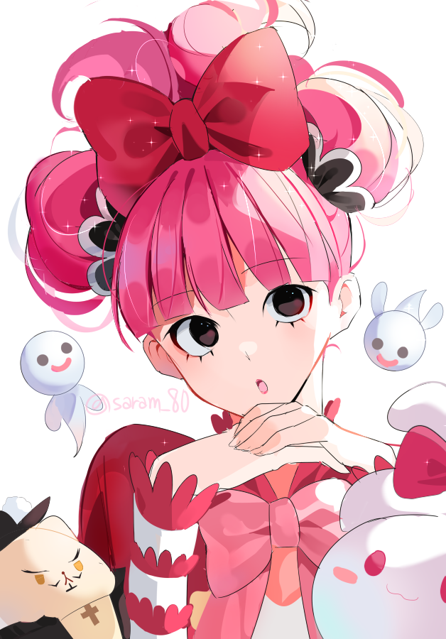 1girl :o alternate_hairstyle bangs black_eyes blunt_bangs bow commentary dracule_mihawk dress expressionless eyelashes frilled_sleeves frills ghost hair_bow head_tilt joman lipstick long_sleeves looking_at_viewer makeup medium_hair one_piece open_mouth own_hands_together perona pink_bow pink_hair portrait red_bow red_dress red_lips simple_background solo stuffed_animal stuffed_cat stuffed_toy symbol-only_commentary twitter_username white_background