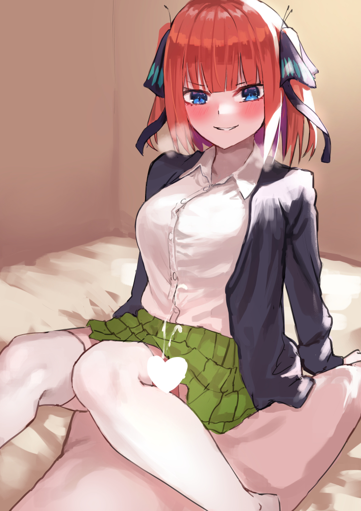 1boy 1girl amog arm_support black_cardigan black_ribbon blue_eyes blunt_bangs blush breasts butterfly_hair_ornament cardigan censored clothed_female_nude_male collared_shirt commentary_request cum ejaculation girl_on_top go-toubun_no_hanayome green_skirt hair_ornament hair_ribbon heart heart_censor heavy_breathing hetero indoors kneepit_sex large_breasts long_sleeves looking_at_viewer miniskirt nakano_nino nude on_bed paid_reward_available parted_lips pink_hair pleated_skirt ribbon school_uniform shirt short_hair skirt smile solo thighhighs white_shirt white_thighhighs zettai_ryouiki