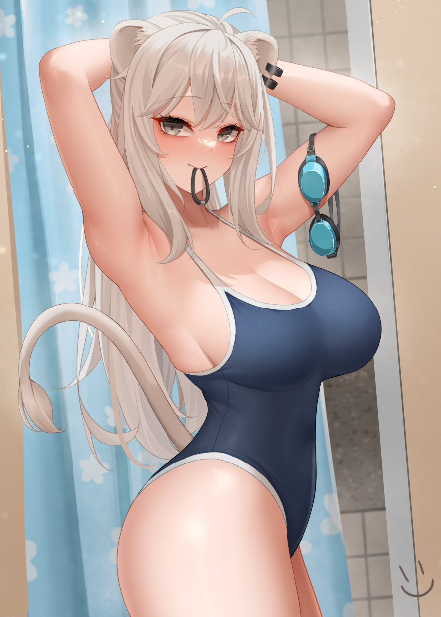 1girl ahoge animal_ears armpits arms_up blue_one-piece_swimsuit breasts closed_mouth cowboy_shot from_side goggles_around_arm grey_eyes hair_tie_in_mouth highres hololive large_breasts lion_ears lion_girl lion_tail long_hair looking_at_viewer mouth_hold one-piece_swimsuit shishiro_botan swimsuit tail virtual_youtuber wei_xiao white_hair