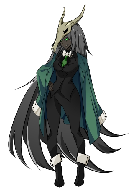 1girl absurdly_long_hair black_footwear black_pants black_vest bow bowtie coat dark-skinned_female dark_skin full_body green_coat green_eyes grey_hair grin hand_on_own_hip long_hair pants simple_background skull_on_head slay_the_spire smile solo standing the_silent very_long_hair vest white_background white_bow white_bowtie whitose