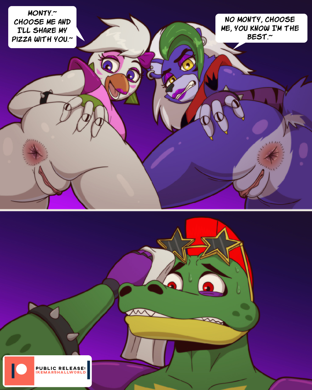 2022 4:5 alligator alligatorid anthro anus avian bird bodily_fluids butt canid canine canis chicken clothing comic crocodilian dialogue digital_media_(artwork) drying_face english_text eyewear female five_nights_at_freddy's five_nights_at_freddy's:_security_breach galliform gallus_(genus) genitals glamrock_chica_(fnaf) glasses group hand_on_butt hi_res ike_marshall male mammal meme montgomery_gator_(fnaf) phasianid presenting presenting_anus presenting_hindquarters pussy reptile roxanne_wolf_(fnaf) scalie scottgames speech_bubble spread_butt spreading steel_wool_studios sweat take_your_pick text tissue trio wolf
